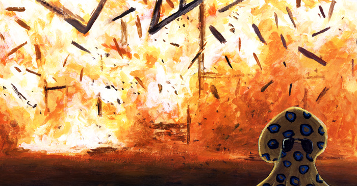 octopus walking(?) away from an explosion without turning back